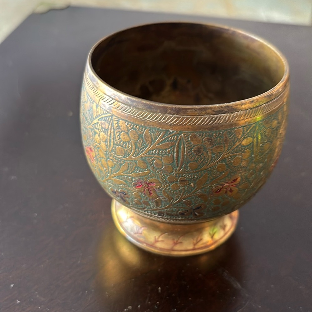 Vintage Etched Small Brass Vase With Floral Leaf Design Made In India